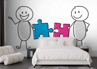 Happy stickman setting up puzzles - business concept. Vector. Wall mural