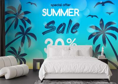 Summer Sale - banner with tropical palms. Vector. Wall mural