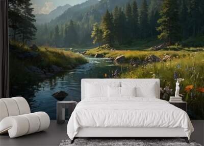 View of crystal clear river water between summer meadows Wall mural