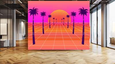 Synthwave sun and palm trees Wall mural