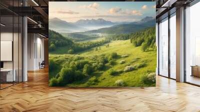 Wallpaper illustration of the sun stretching over meadows and mountains Wall mural