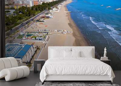 Aerial view landscape Italy Pescara. Long empty beach, sand, sea. Coast, promenade, buildings, estate. Wall mural