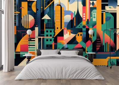 A geometric cityscape features colorful, layered shapes and abstract forms, blending architectural elements with vibrant tonal contrasts. Wall mural