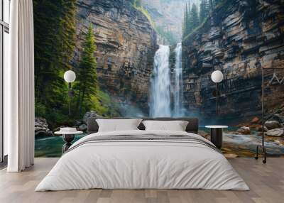 A waterfall cascades over a rugged cliff into a tranquil turquoise pool, surrounded by lush green trees and large rocks under a misty sky. Wall mural