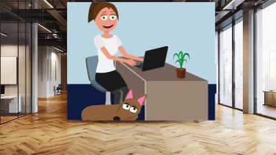 dog friendly office concept, funny cartoon vector characters of woman sitting on chair and dog lying at her feet, business illustration Wall mural