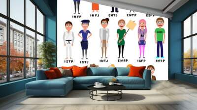 set of flat cartoon characters represents personalities from MBTI typology isolated on white backgorund Wall mural