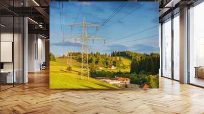 Electric power line along the forest mountains in the evening sun.Black forest. Germany. Wall mural