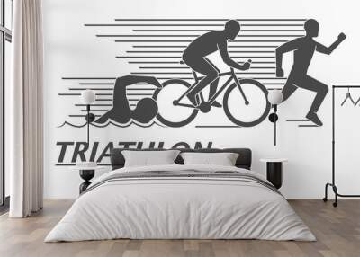 Black flat logo triathlon. Vector figures triathletes. Wall mural