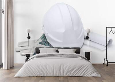 White hard hat, gloves, druft, isolated on white Wall mural