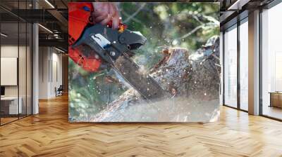 Man sawing through trunks Wall mural