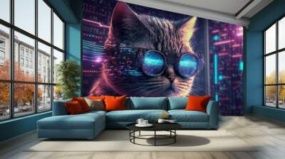 Adorable cat cyber crypto digital hacker coder in cyberspace wearing virtual reality VR goggles Wall mural