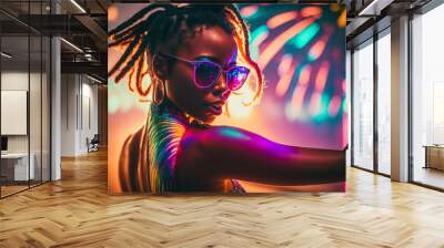 Attractive african american girl dancing, clubbing at the hot summer dance party. Colorful sunglasses. Palm trees on background. Vacation nightlife. Wall mural