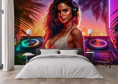 Attractive DJ girl wears bikini at the dance party. DJ console turntable, headphones. Neon light. Palm trees on background. Hot summer vacation nightlife.  Wall mural