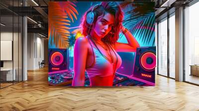 Attractive DJ girl wears bikini at the dance party. DJ console turntable, headphones. Neon light. Palm trees on background. Hot summer vacation nightlife.  Wall mural