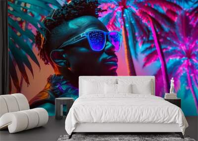 Attractive young man in sunglasses clubbing at the hot summer dance party. Neon light. Palm trees on background. Vacation nightlife. Wall mural