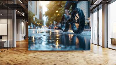 Close-Up of Fat Bike with Rider on Wet City Street During Evening Wall mural