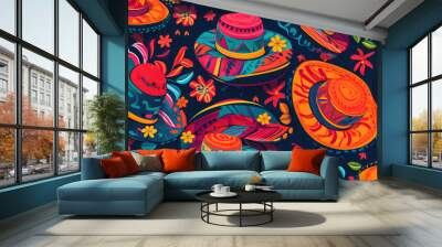 Colorful pattern background with Mexican Sombrero hats. Cinco De Mayo concept. Generative AI Wall mural