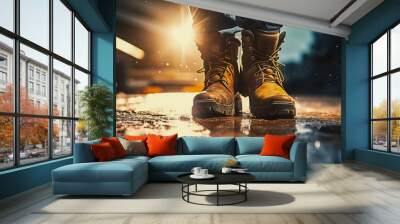 Construction worker's boots on a wet ground with construction site in the background illuminated at night. Сonstruction, labor, safety, and work-related themes. 21:9 aspect ratio, Copy Space.

 Wall mural