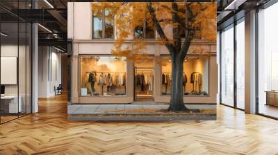 Contemporary Fashion Boutique on a Charming Autumn Street, Frontal View from Sidewalk, Displaying Latest Fall Collection in Window Wall mural