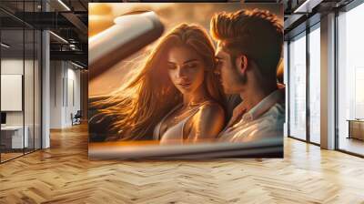 Girl in love and her boyfriend man are sitting in a car flirting. Passionate sensual relationship, where the couple is in control of their own journey and living life to the fullest Wall mural