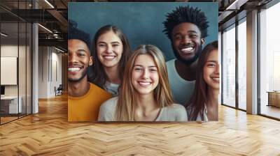 Group of happy diverse young adults, smiling multiethnic friends posing together, concept of friendship and unity in a modern community Wall mural