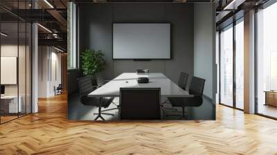 Large blank screen in the office meeting room , modern interior. Table, chair seats, presentation display, window. Mock-up template. Wall mural