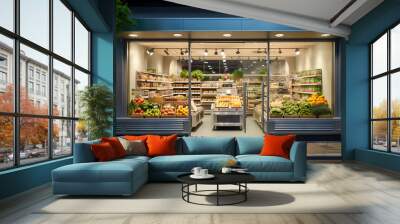 Modern grocery store exterior featuring a large window display and contemporary interior. Front view.  Wall mural