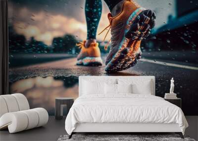 Sneaker shoes, feet close-up. Wet rainy weather, puddles. Runner makes a morning run in a city street. Jogging, running, wellness, fitness, health concept. City landscape blurred background Wall mural