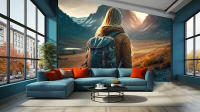 Traveler hiker camper woman wearing Big Trekking Backpack. Viewed from the back. Mountains landscape. Hiking, trekking, backpacking, camping in the mountains concept. Beautiful sunset sunrise light

 Wall mural