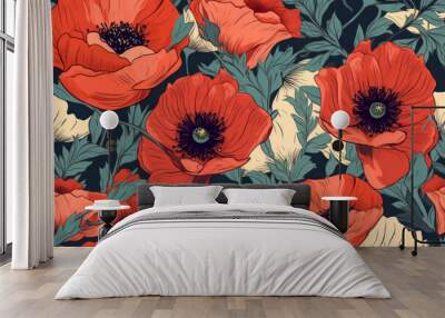 Vibrant Poppy Flowers Seamless Pattern on a Bright Background, Ideal for Wallpaper, Textiles, and Graphic Design Projects - Generative AI Wall mural