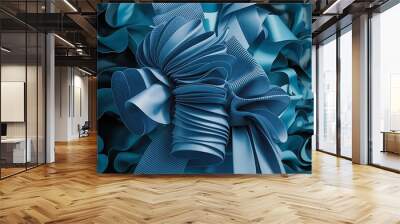 3d render, abstract modern blue background, folded ribbons macro, fashion wallpaper with wavy layers and ruffles Wall mural