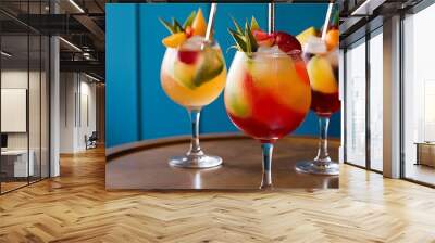 A closeup of delicious iced fruit cocktails with straws on the table against a blue background Wall mural