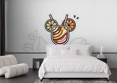 A glass with a cocktail, two straws and a lemon or orange on the rim of the glass, linear vector illustration Wall mural