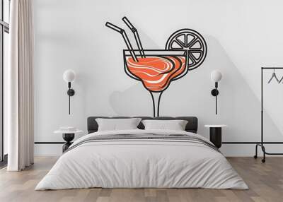 A glass with a cocktail, two straws and a lemon or orange on the rim of the glass, linear vector illustration Wall mural