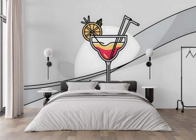 A glass with a cocktail, two straws and a lemon or orange on the rim of the glass, linear vector illustration Wall mural