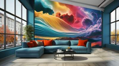 Abstract cosmic nebula wave clouds background landscape wallpaper design, blue, yellow, purple, red color lighting and dynamic rainbow universe Wall mural