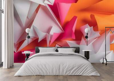 Abstract geometric background with white, pink and orange bright paper Wall mural