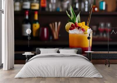 Alcoholic cocktail with mango, cranberries, lime, crushed ice and liquor, dark wooden bar counter background, selective focus Wall mural