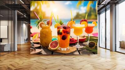 Art tropic summer vacation; Exotic drinks on blur tropical beach background Wall mural