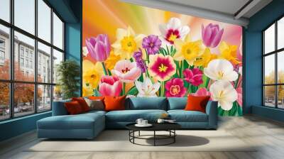 Beautiful spring flowers on a colored background Wall mural