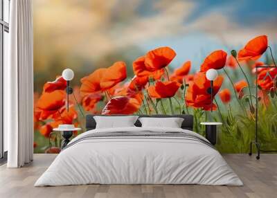 Blurred and defocused image of red beautiful poppies bloom, poppy red flowers meadow Wall mural