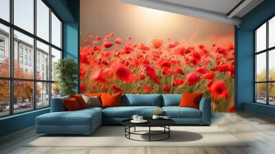 Blurred and defocused image of red beautiful poppies bloom, poppy red flowers meadow Wall mural