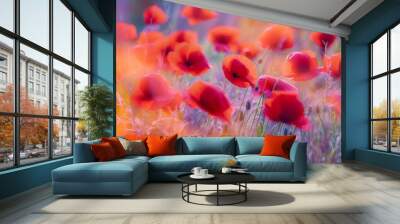 Blurred and defocused image of red beautiful poppies bloom, poppy red flowers meadow Wall mural