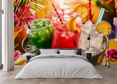 Bottles with tasty drinks in bucket with ice cubes, in bright background Wall mural