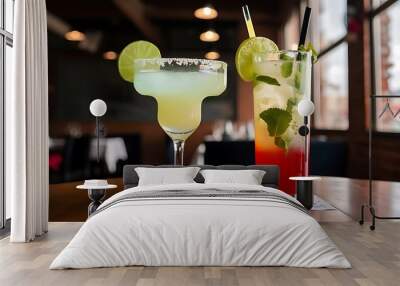 Close-up shot of margarita and mojito cocktails standing on table of restaurant Wall mural