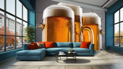 Close up view of mugs of cold beer with foam on grey background Wall mural