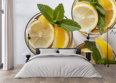 Close up view of summer fresh cocktails with lemon and orange pieces, mint isolated on white Wall mural