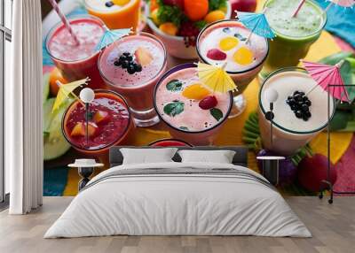 Close-up view of various fruit and vegetable smoothies in glasses on table Wall mural