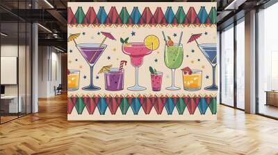 Cocktail seamless border with drinks in glasses and decoration vector illustration Wall mural