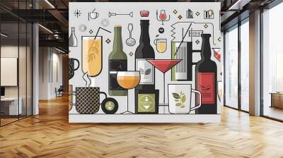 Coffee, tea icons. Beer, wine and cocktail signs. Soft and alcohol drinks symbols. Report document, information icons. Vector Wall mural